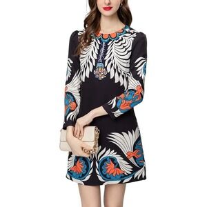 Burryco Women's Black Graphic Shift Dress Size 8 Beaded Neckline Statement Tunic